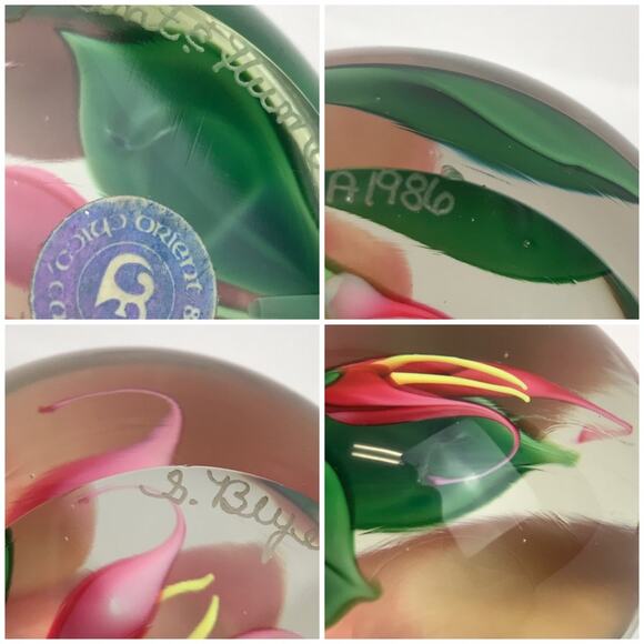 Orient & Flume Pink Callalily Flower Lampwork Paperweight Vintage Beyers Bag COA - Picture 13 of 15